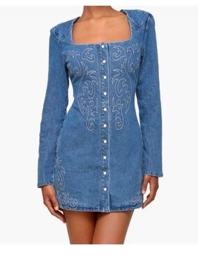 NWT Avec Les Filles Western Embroidery Long Sleeve Denim Minidress size 8